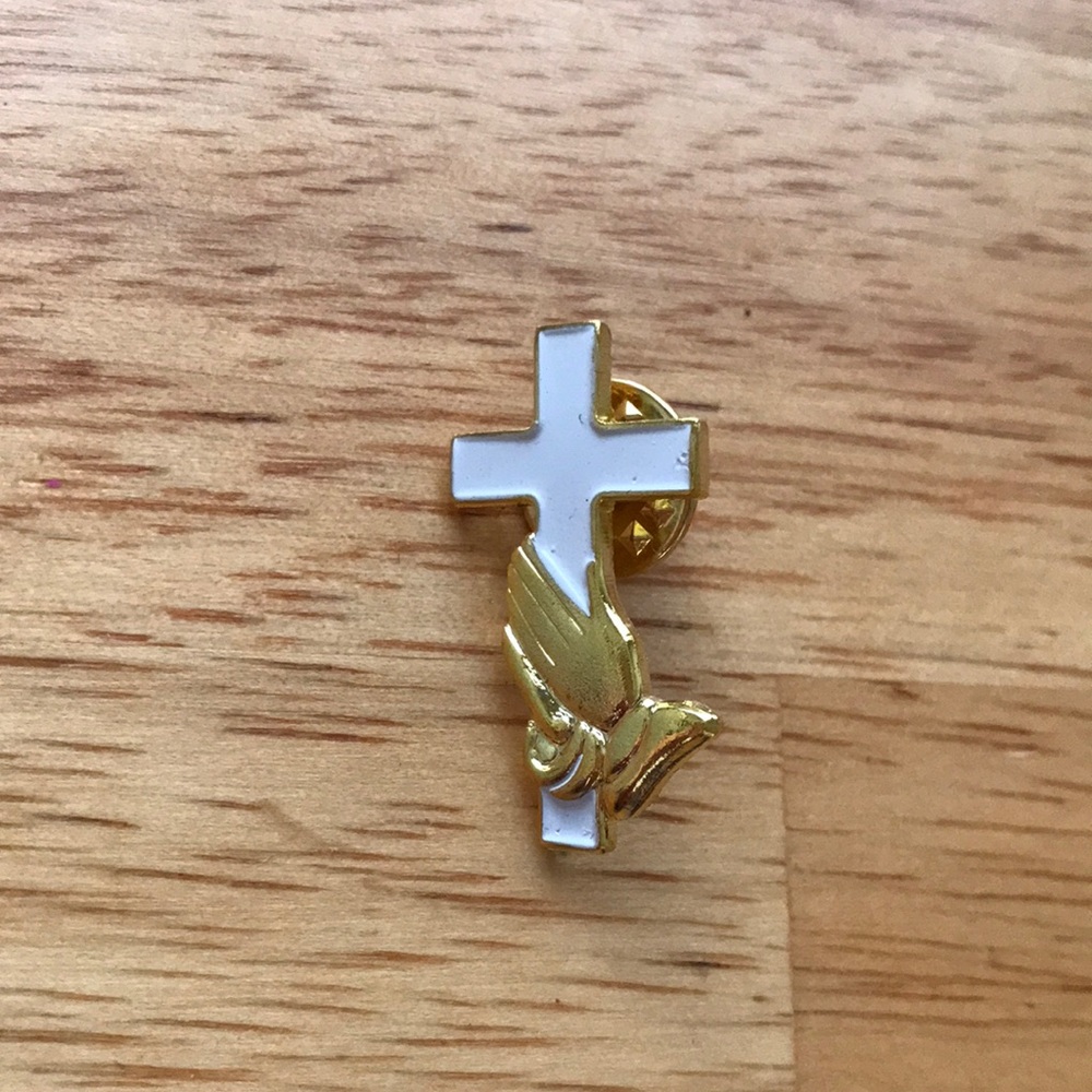 White Gold Cross with Praying Hands Pin